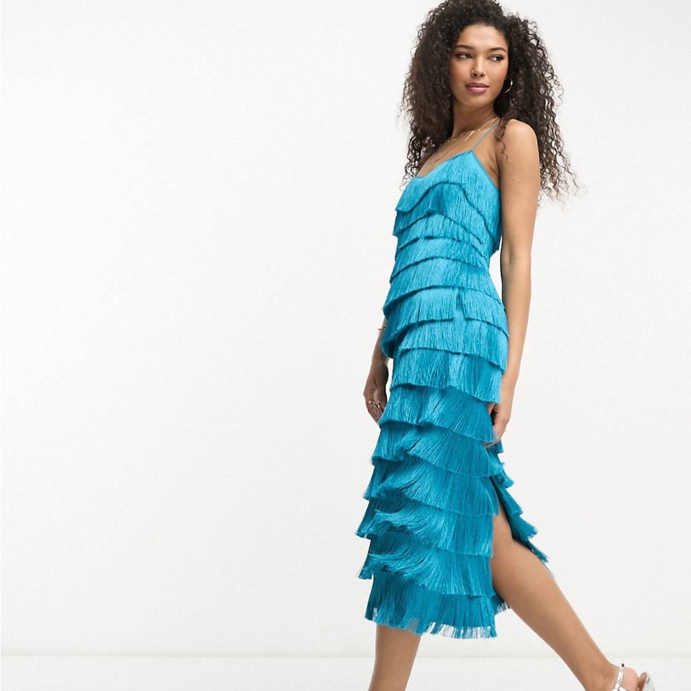 ASOS DESIGN tiered fringed midi dress with cross back detail in teal